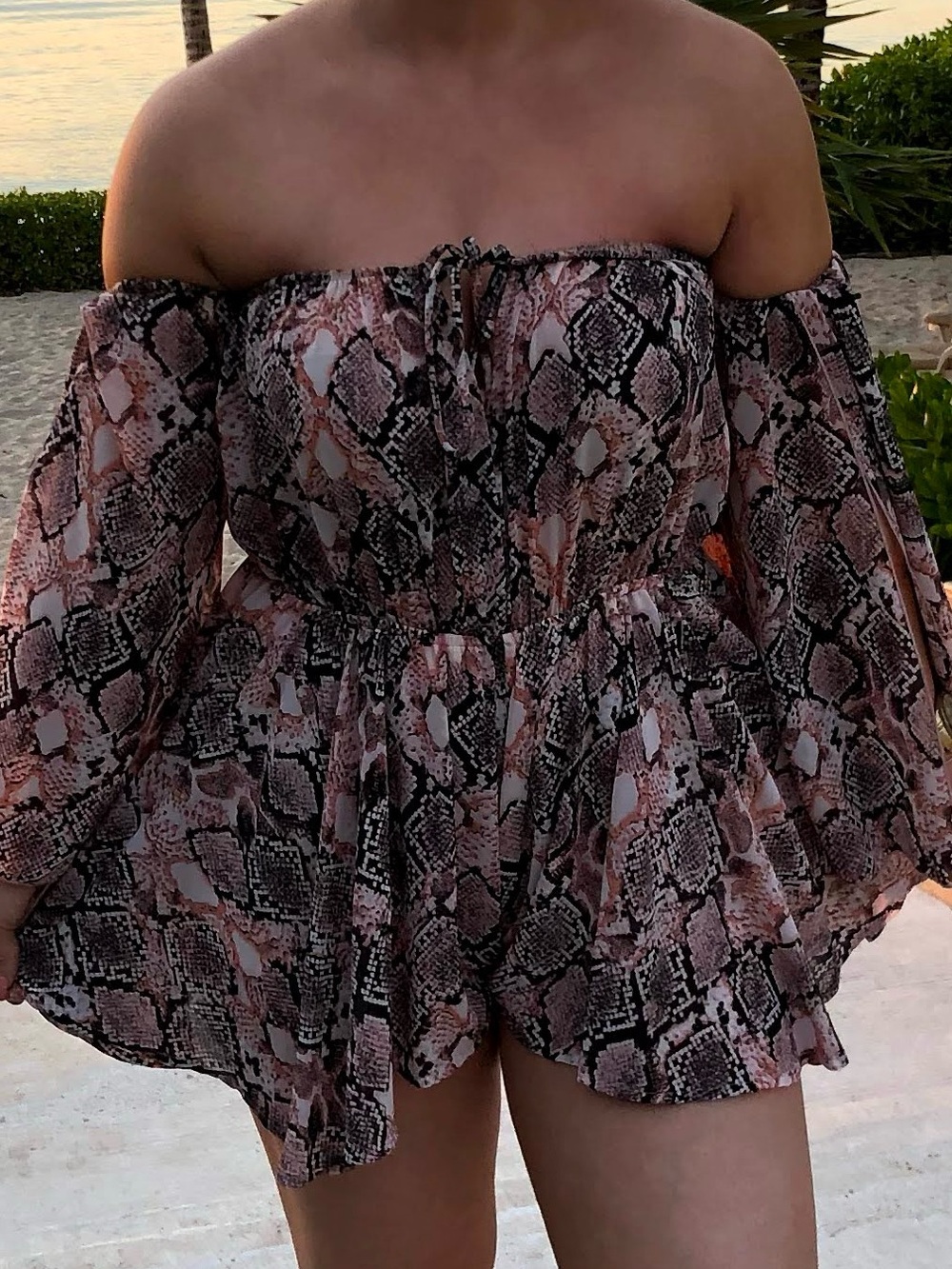 AKIRA Pink Snake Print Off-Shoulder Romper